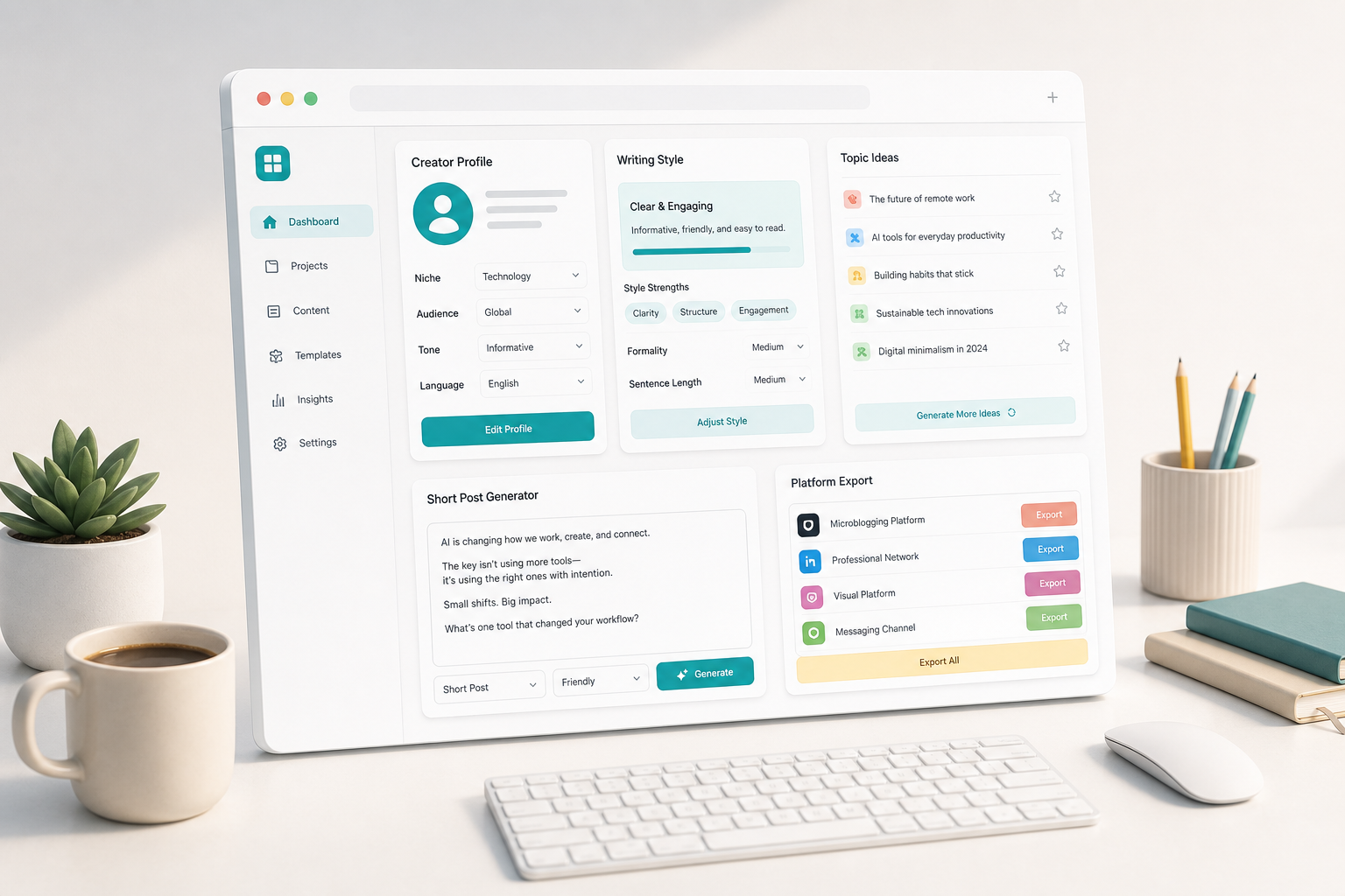 A clean AI writing dashboard with creator profile, writing style, topic ideas, and platform export panels.